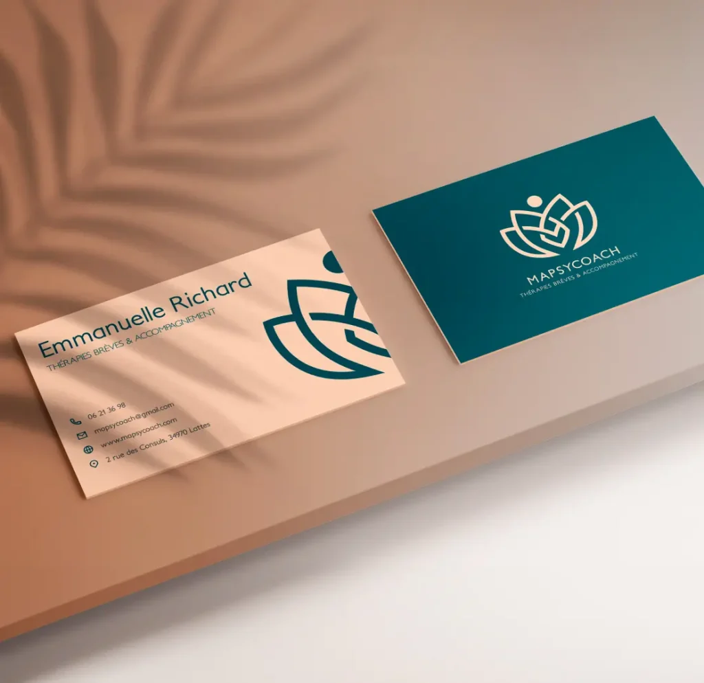 Cartes de visite professionnelles pour MapSyCoach, cabinet de thérapies brèves et d'accompagnement, au design élégant avec un logo moderne et des couleurs apaisantes.