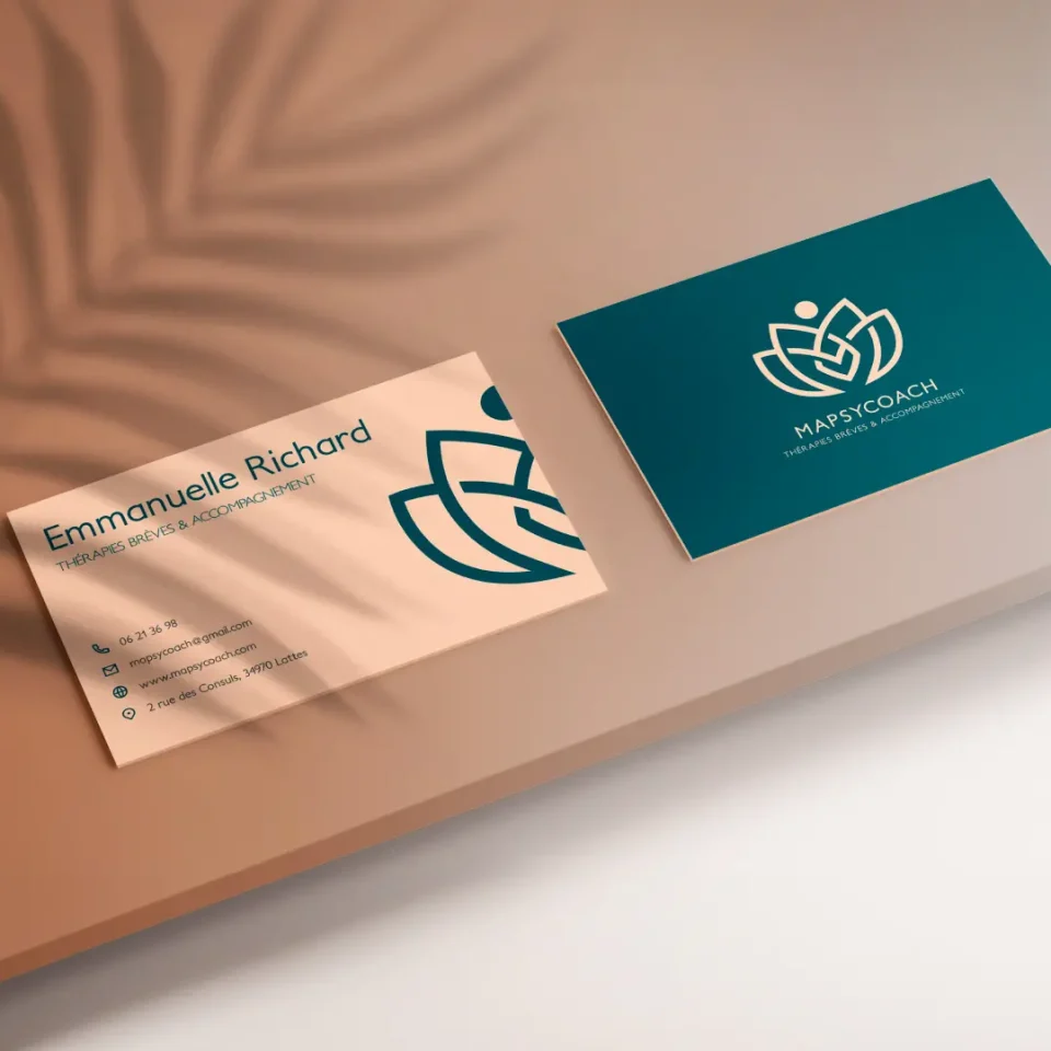 Cartes de visite professionnelles pour MapSyCoach, cabinet de thérapies brèves et d'accompagnement, au design élégant avec un logo moderne et des couleurs apaisantes.