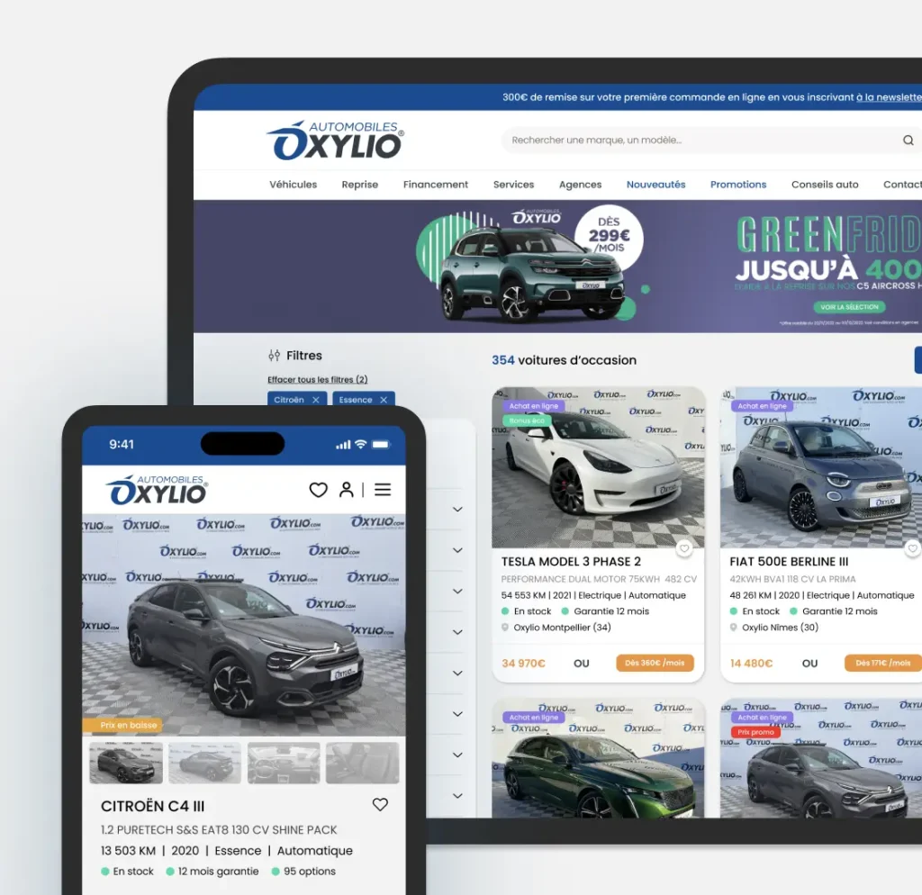 Interface du site web d'Oxylio affichée sur un ordinateur et un smartphone, présentant une sélection de véhicules d'occasion avec fiches détaillées et options de filtrage.