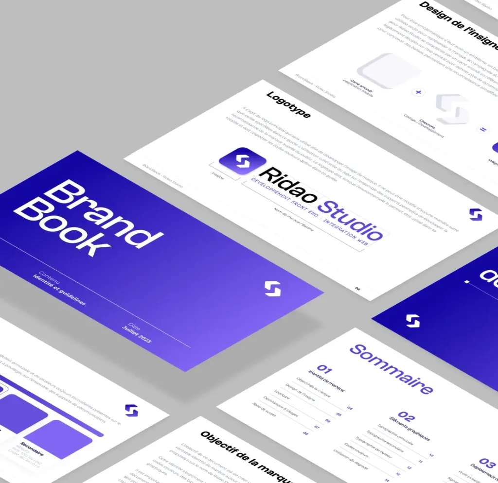Brand Book de Ridao Studio avec charte graphique et guidelines d'identité visuelle, comprenant le logotype, les couleurs et les typographies.