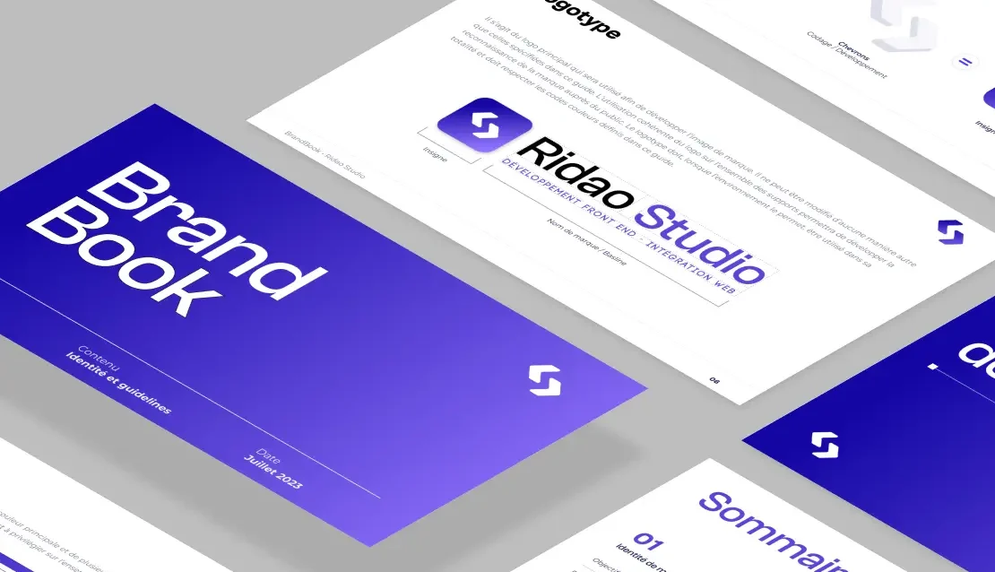 Brand Book de Ridao Studio avec charte graphique et guidelines d'identité visuelle, comprenant le logotype, les couleurs et les typographies.