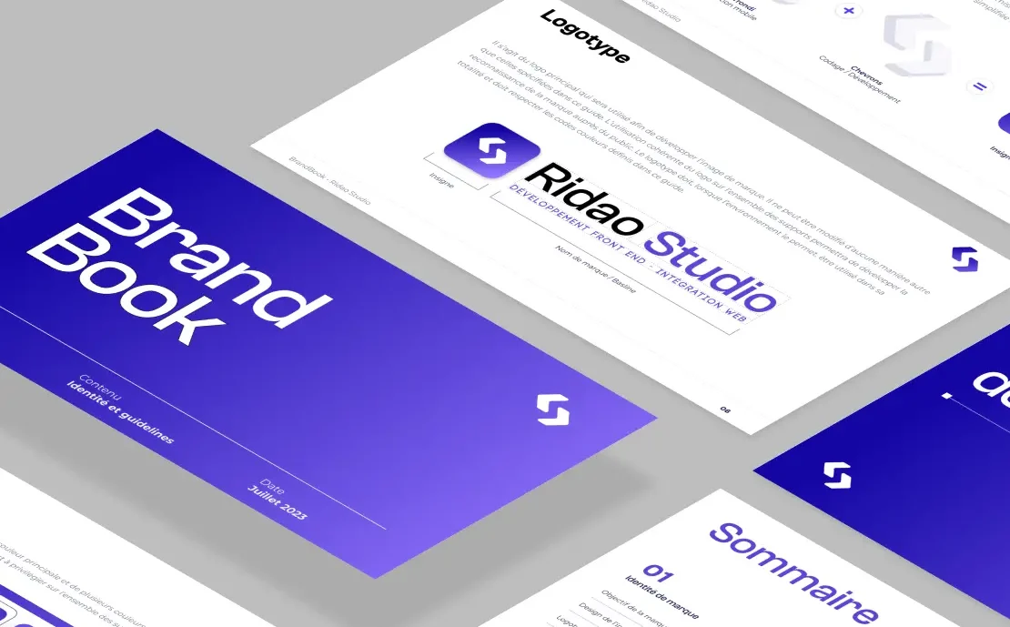 Brand Book de Ridao Studio avec charte graphique et guidelines d'identité visuelle, comprenant le logotype, les couleurs et les typographies.