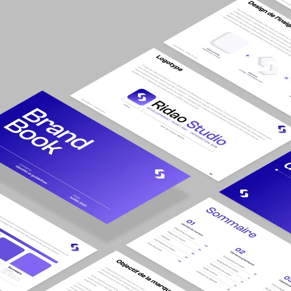 Brand Book de Ridao Studio avec charte graphique et guidelines d'identité visuelle, comprenant le logotype, les couleurs et les typographies.